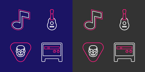 Set line Guitar amplifier, pick, and Music note, tone icon. Vector