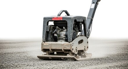 Fototapeta premium Heavy-duty vibratory plate compactor compacting gravel on a construction site, white background