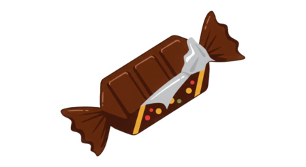 Cartoon chocolate bar partially unwrapped, a sweet treat delight.