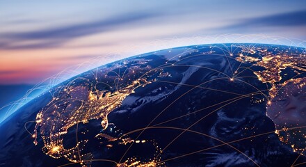 Interconnected Earth with glowing city lights and digital network lines at twilight