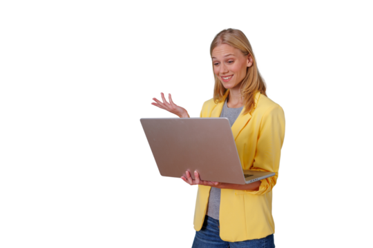 Woman holding laptop making video call during online meeting, teleconferencing from home or office, transparent background