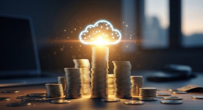 Illuminated digital cloud atop increasing coin stacks, representing tech-finance growth
