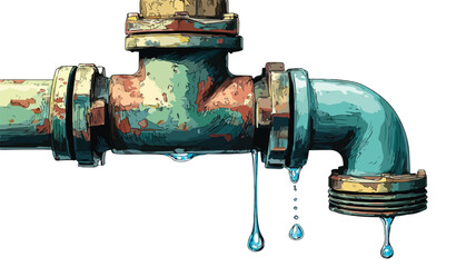 Leaking Water Pipe and Damaged Dripping Fitting Vector Illustration