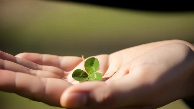 Hand holding a green clover leaf in sunlight — symbol of luck and hope for Saint Patrick’s Day, natural freshness and eco-friendly holiday concept