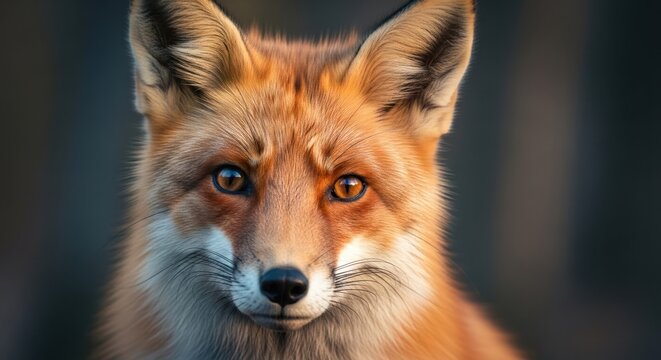 Intense close-up of a vibrant orange fox with striking amber eyes and alert gaze