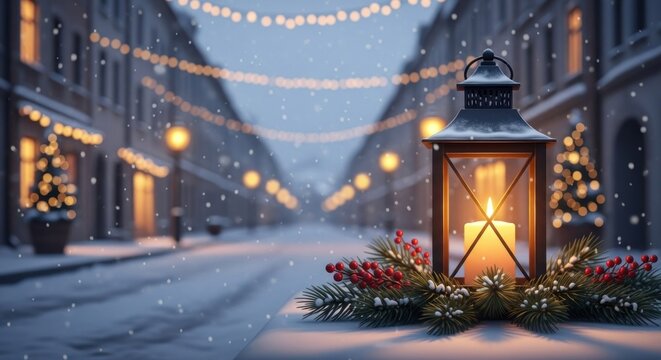 Lit lantern with festive decor on snowy street with twinkling lights and falling snow