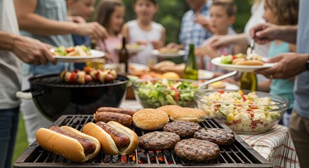 Family summer grilling and barbecue party with burgers hotdogs and salads outdoor gathering for celebration