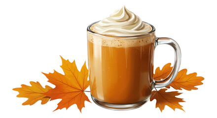 Cozy pumpkin spice latte with whipped cream, foam, and autumn leaves