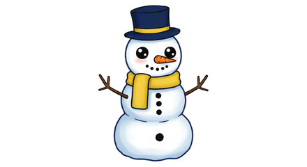 Cheerful isolated cartoon snowman wears blue hat, yellow scarf