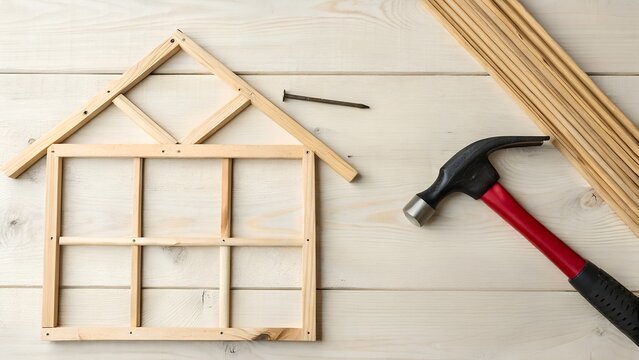 Start your next DIY project with a wooden house frame, hammer, and nails ready for home improvement and creative building, perfect for renovation inspiration and crafting