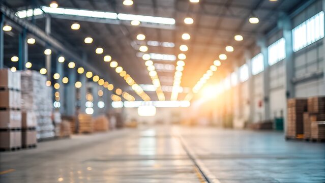 Bright sunlight shines through modern warehouse, promising efficient logistics and global distribution, perfect for showcasing supply chain success or manufacturing excellence - Powered by Adobe