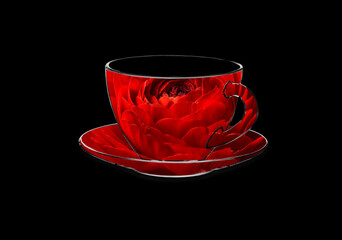 red rose and thin outlines of a cup and saucer on a black background