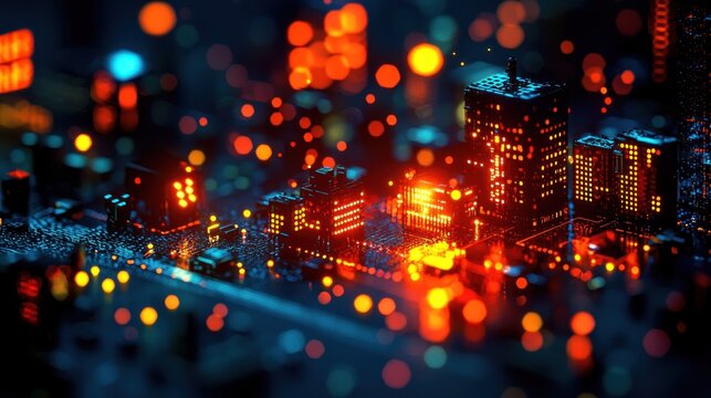 Miniature circuit board city glowing with warm orange and red lights, futuristic metropolis - Powered by Adobe