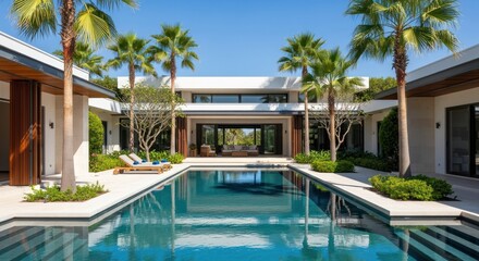 Modern luxury home with expansive pool, palm trees, and lush tropical landscaping under clear sky