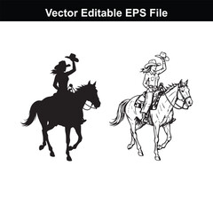 Silhouette and line art of a cowgirl riding a horse