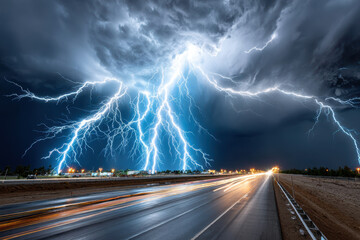 Lightning storm over highway at night with light trails