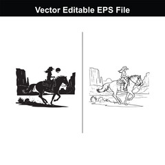 Cowgirl riding a horse in a desert landscape with canyons, vector illustration