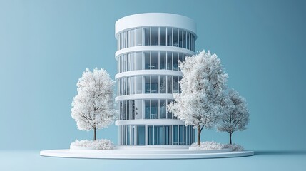 Modern white cylindrical building, glass windows, white trees, light blue background