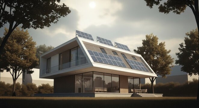 Modern minimalist house with a slanted roof covered in solar panels, surrounded by trees