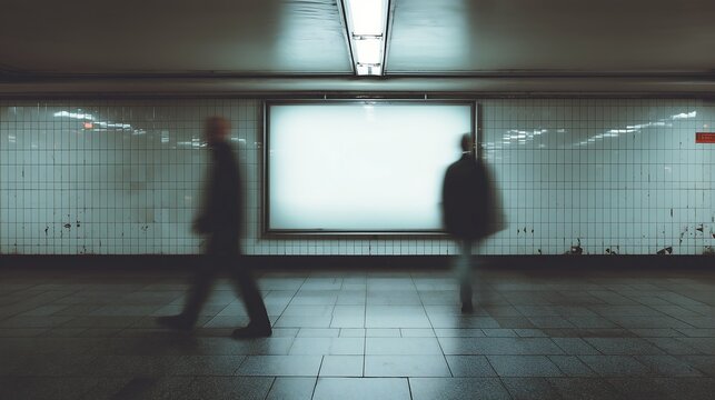 Subway commuters walk past blank billboard in gritty urban underground scene