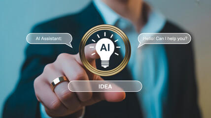 Innovative AI assistant touching virtual lightbulb for business solutions, revolutionizing technology with smart digital assistance and creative automation