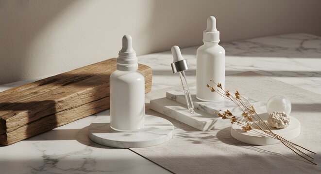 Still life of white cosmetic bottles with dropper on marble surface and wooden block decoration around