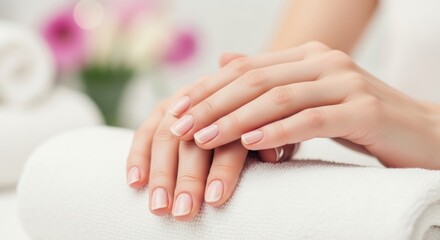 Neatly manicured hands with French tips resting on soft white towel, spa setting