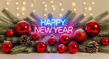 Neon 'HAPPY NEW YEAR' sign amidst snowy evergreen branches, red baubles, warm bokeh