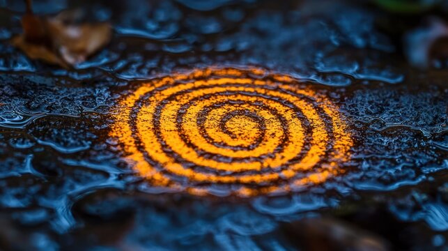 Mysterious glowing orange spiral sits submerged in dark, reflective water on textured ground
