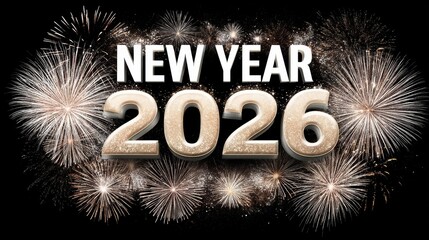 gold New Year 2026 text with fireworks and glitter bursts on black background, bold metallic numerals glowing, sparkling confetti, dynamic celebratory mood,