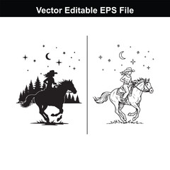 Silhouette and line art of a cowgirl riding a horse under a starry night sky with a crescent moon and trees