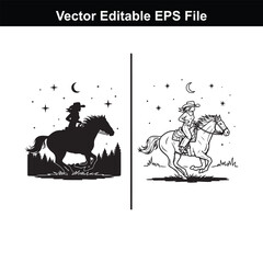 Silhouette and line art of a cowgirl riding a horse under a starry night sky with a crescent moon and trees