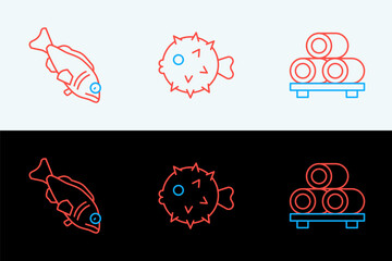 Set line Sushi on cutting board, Fish and hedgehog icon. Vector