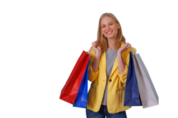 Happy woman enjoying retail therapy, holding colorful shopping bags after a successful purchase, transparent background