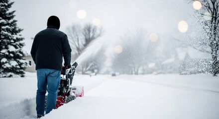 Person clearing deep snow from a residential street with a powerful snow blower