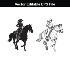 Silhouette of a cowgirl riding a horse in front of a barn, contrasted with a line drawing of a cowgirl on a horse and barn