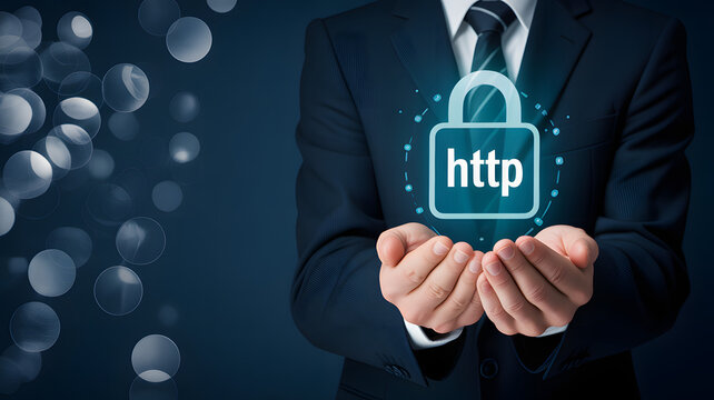 Sophisticated businessman offers digital security solution with a glowing padlock, conveying trust and protection for online business and personal data