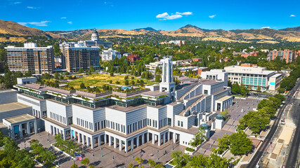 Fototapeta premium Aerial Conference Center Downtown Salt Lake City Utah With Capitol Building And Mountains