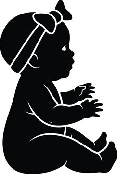 Baby silhouette illustration, infant sitting pose, toddler vector, headband with bow, childhood icon, black design, early development concept, cute profile