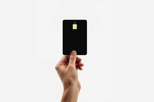 Hand showing a credit card, or card, business card or voucher, template, mock up isolated on a white background