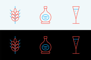 Set line Glass of champagne, Hop and Bottle cognac or brandy icon. Vector
