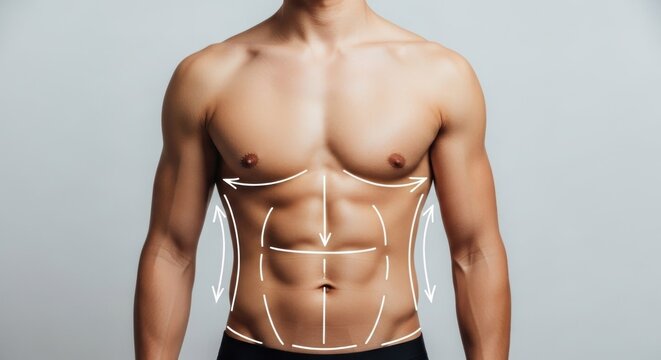 Shirtless athletic man's torso with defined abs, white arrows indicating body contouring