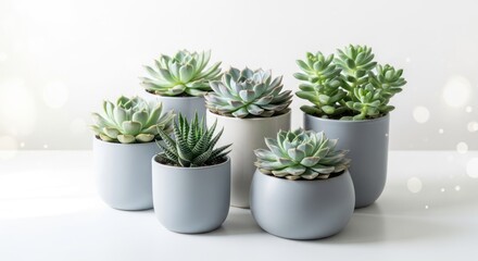 Fototapeta premium Six diverse succulent plants in modern grey pots arranged on a bright white surface, bokeh