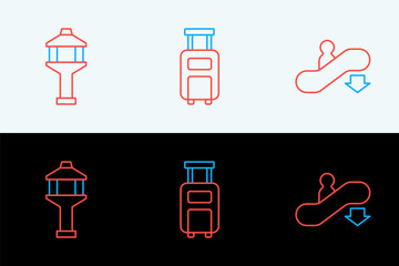 Set line Escalator down, Airport control tower and Suitcase icon. Vector