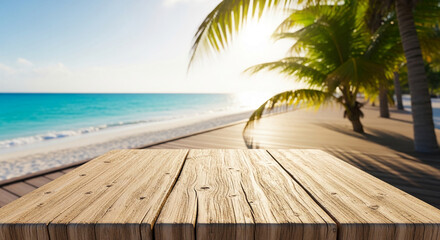 Fototapeta premium Wooden table on blurred tropical beach background, showcasing free space for product placement or text, ideal for summer vacation or travel advertisement mockups