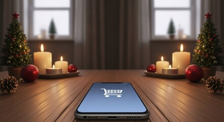 Fototapeta premium Smartphone with shopping cart on a warm wooden table, flanked by Christmas decorations