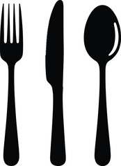 Cutlery silhouette illustration, fork knife spoon vector, dining utensils icon, kitchenware design, black artwork, meal concept, food service theme