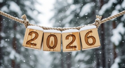 Snow-capped wooden blocks spell '2026' on a rope, set against a blurred winter forest