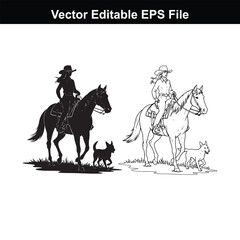 Cowgirl riding horse with dog, silhouette and line art vector illustration