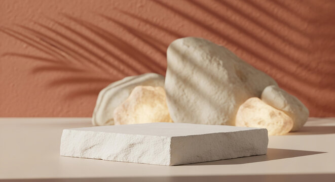 White stone podium on beige surface, rocks and shadow background creating minimalist, serene scene, ideal for product display or branding mockup